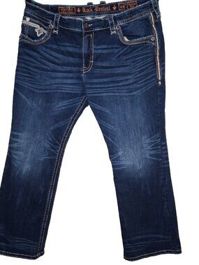 Rock Revival Delicioso Boot Cut Jeans 44x30 Fleur De Lis Embroidered Whiskered